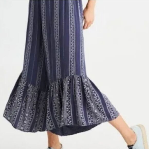 Japna Blue Striped Strapless Ruffle Top Boho Crop Flare Jumpsuit Large - Picture 6 of 10